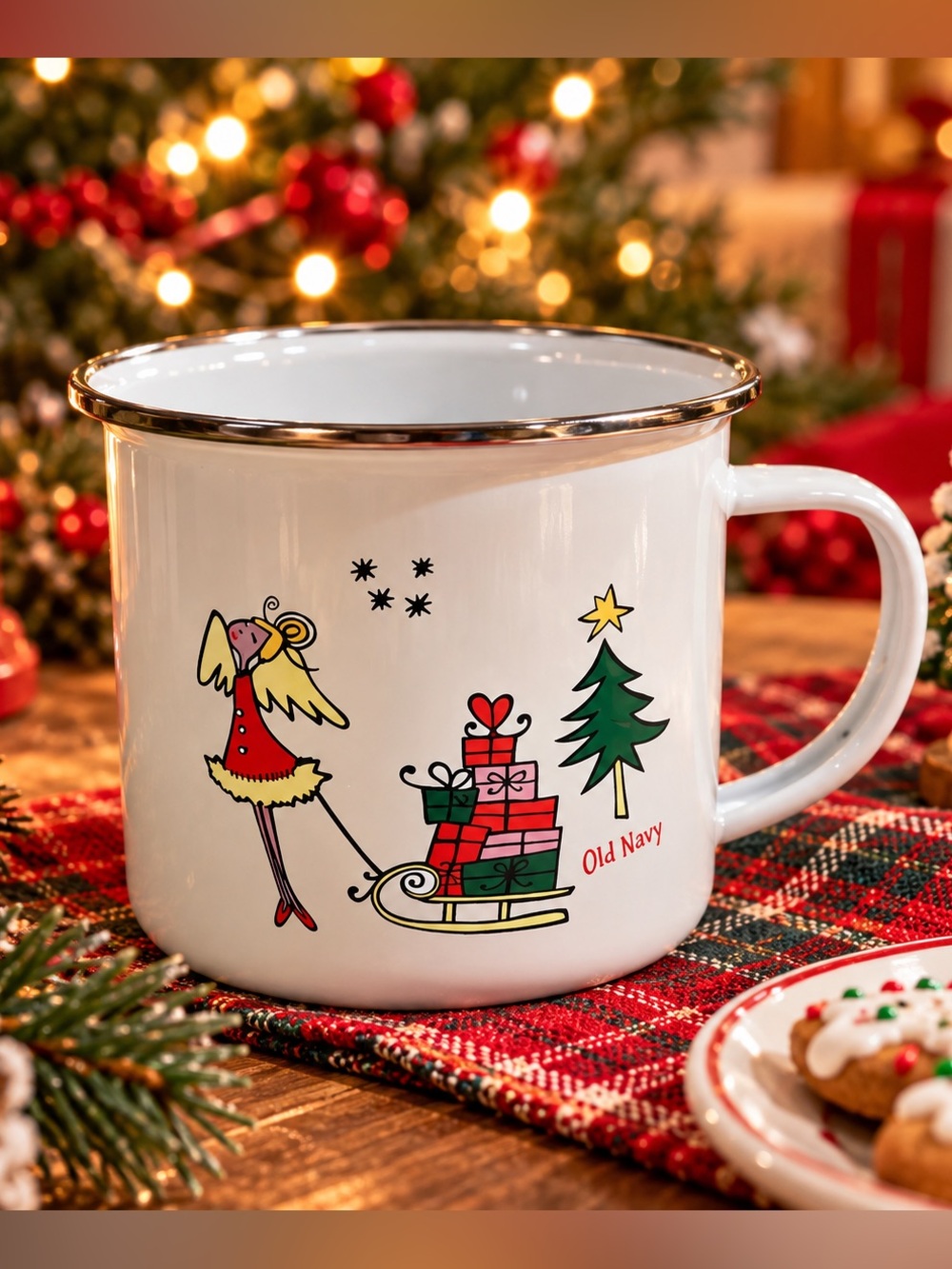 Old Navy Enamelware Oversized Christmas Mug Angel Gifts Stars